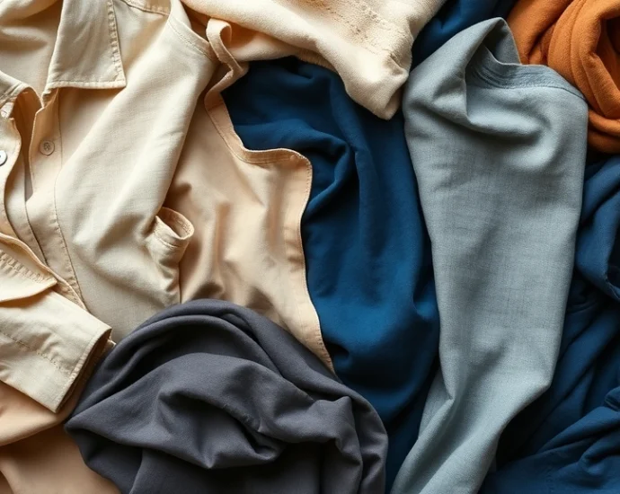 Overhead flat lay of carefully curated neutral and jewel-tone clothing items arranged artistically, showing color coordination and texture variety—linen, silk, wool fabrics in earth tones and deep blues, photographed in natural daylight