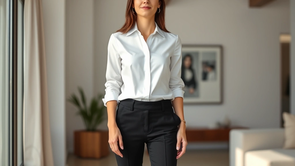 Woman in a fitted white button-up shirt tucked into high-waisted black trousers, standing confidently near a modern minimalist interior, showcasing proportion balance and classic investment pieces with subtle styling details
