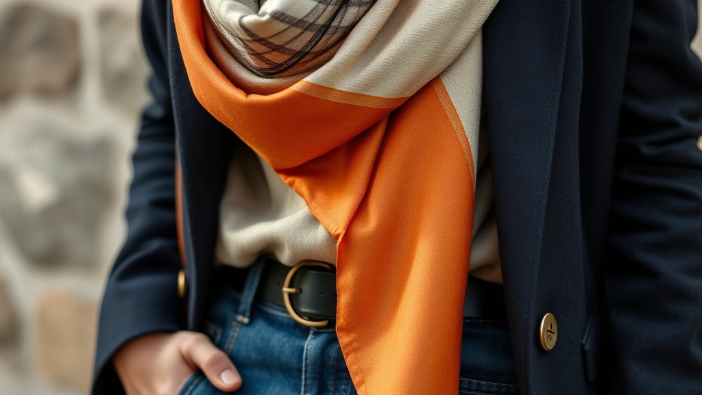 Close-up detail shot of layered fashion textures—silk scarf draped over structured wool blazer, leather accessories, and quality denim—demonstrating professional styling techniques and garment quality craftsmanship