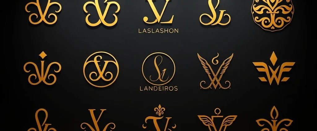 Luxury fashion logo collection display showing iconic interlocking monograms and elegant brand marks in gold embossing on dark background, professional studio lighting