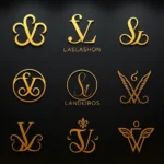 Luxury fashion logo collection display showing iconic interlocking monograms and elegant brand marks in gold embossing on dark background, professional studio lighting