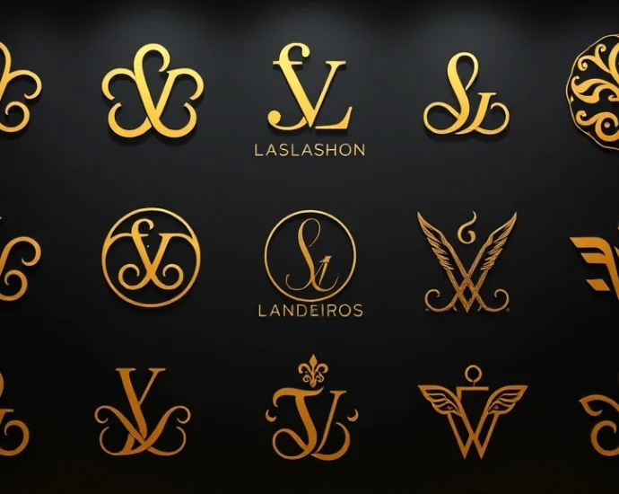 Luxury fashion logo collection display showing iconic interlocking monograms and elegant brand marks in gold embossing on dark background, professional studio lighting