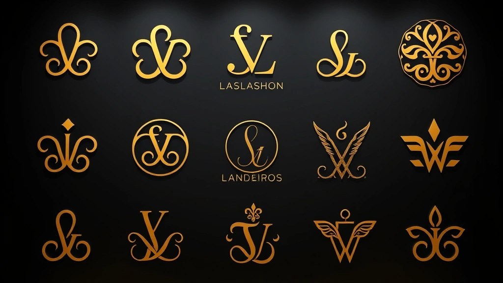 Luxury fashion logo collection display showing iconic interlocking monograms and elegant brand marks in gold embossing on dark background, professional studio lighting