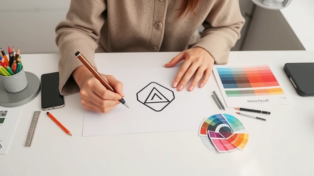 Minimalist fashion logo design workspace with designer sketching geometric mark, surrounded by color swatches and design tools on white desk