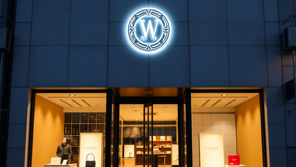 High-end boutique storefront with illuminated iconic fashion logo above entrance at dusk, elegant window display with luxury accessories and branded packaging