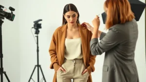 Fashion editor styling session showing neutral toned layered outfit with fitted cream camisole under oversized camel cardigan and structured blazer, professional studio setting