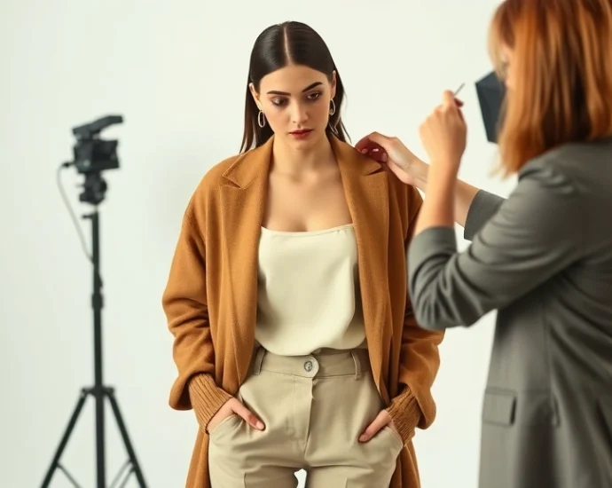 Fashion editor styling session showing neutral toned layered outfit with fitted cream camisole under oversized camel cardigan and structured blazer, professional studio setting