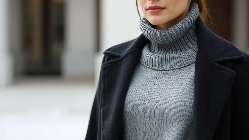 Elegant woman wearing monochromatic winter layering look with charcoal turtleneck under light gray wool sweater and long dark coat, minimalist aesthetic, natural lighting