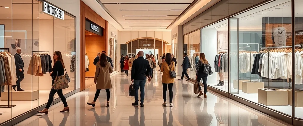Modern fashion mall interior with contemporary boutique storefronts, polished floors, warm lighting, stylishly dressed shoppers browsing window displays with latest seasonal fashion collections, minimalist design aesthetic