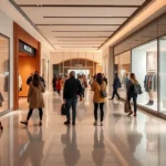 Modern fashion mall interior with contemporary boutique storefronts, polished floors, warm lighting, stylishly dressed shoppers browsing window displays with latest seasonal fashion collections, minimalist design aesthetic