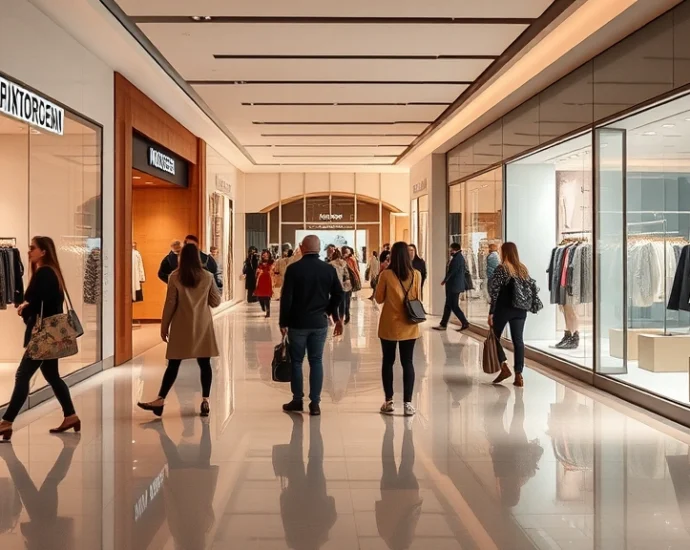 Modern fashion mall interior with contemporary boutique storefronts, polished floors, warm lighting, stylishly dressed shoppers browsing window displays with latest seasonal fashion collections, minimalist design aesthetic