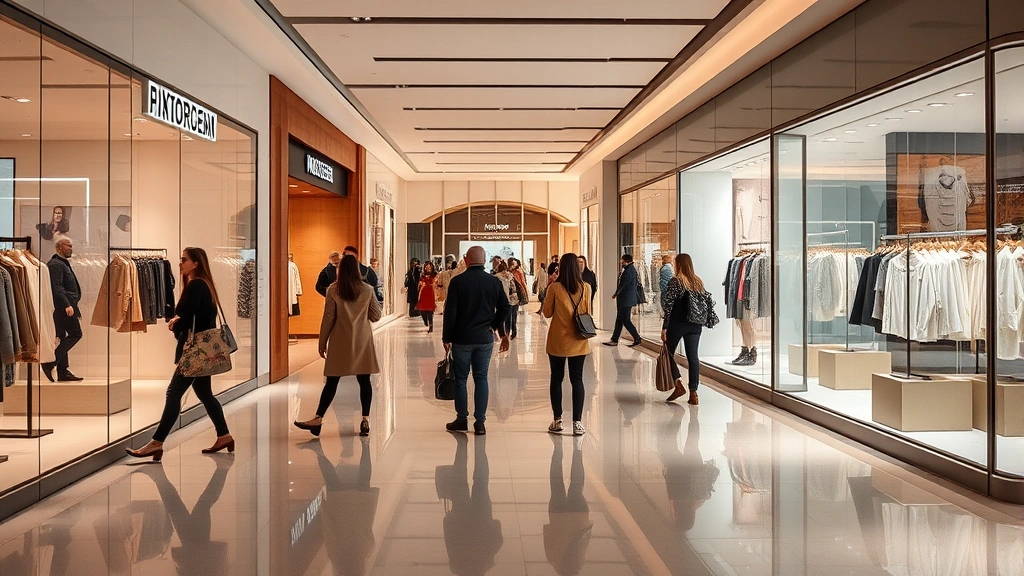 Modern fashion mall interior with contemporary boutique storefronts, polished floors, warm lighting, stylishly dressed shoppers browsing window displays with latest seasonal fashion collections, minimalist design aesthetic