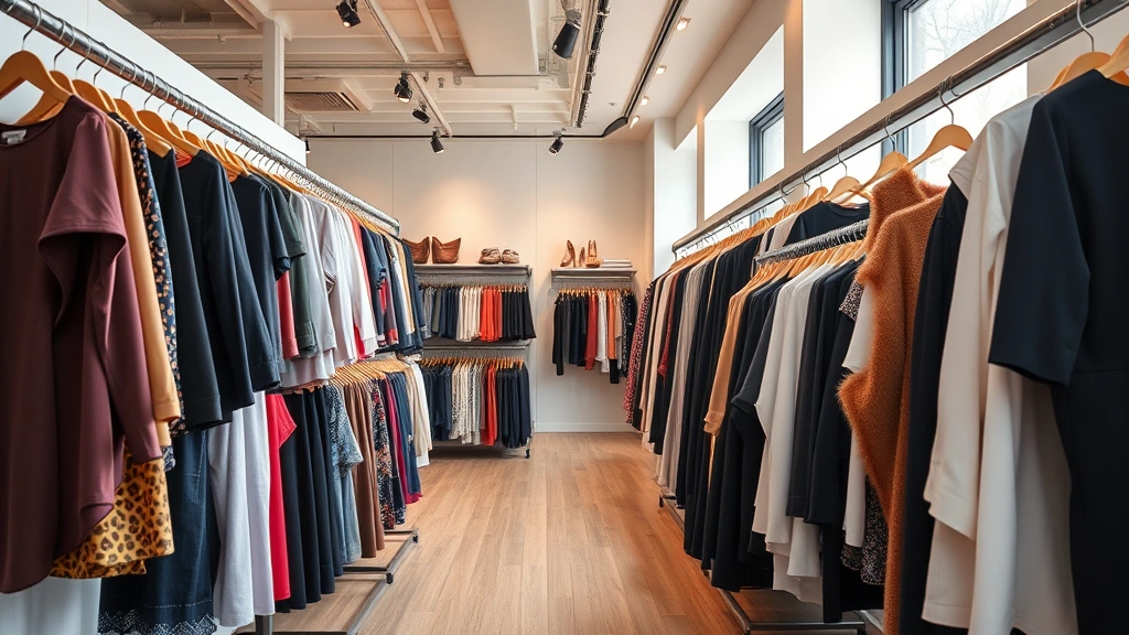 Upscale clothing boutique interior showcasing organized racks of trendy apparel, diverse fashion styles from casual to formal wear, professional retail display, natural light, contemporary store design with welcoming atmosphere