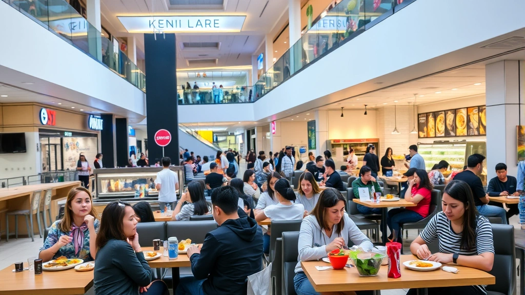 Shopping mall food court with diverse diners enjoying meals, modern seating areas, various cuisine options visible, warm ambient lighting, casual social atmosphere, well-maintained contemporary interior design