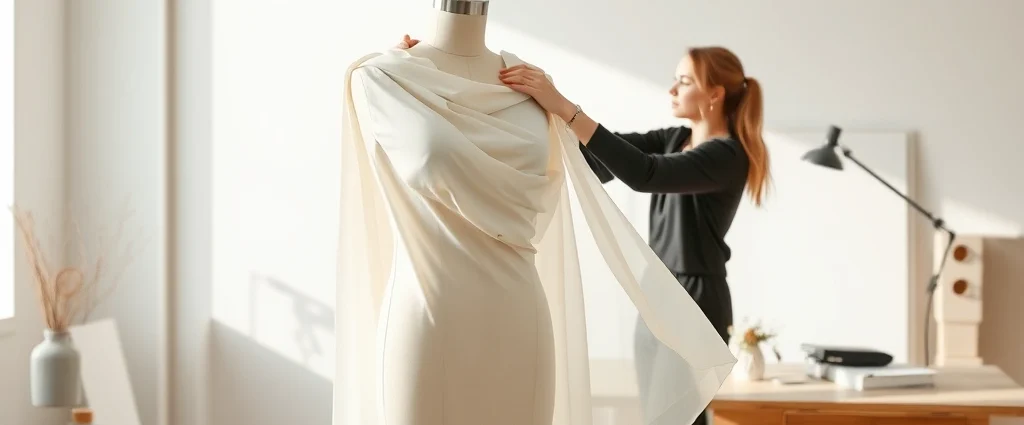 Professional designer draping elegant white silk fabric on a neutral beige dress form mannequin in a minimalist studio setting with soft natural lighting and wooden work table