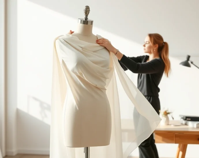 Professional designer draping elegant white silk fabric on a neutral beige dress form mannequin in a minimalist studio setting with soft natural lighting and wooden work table