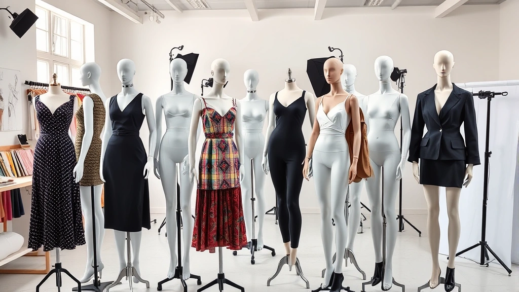Multiple fashion mannequins in varying sizes and styles arranged in a bright design studio with fabric swatches, design sketches, and professional lighting equipment visible