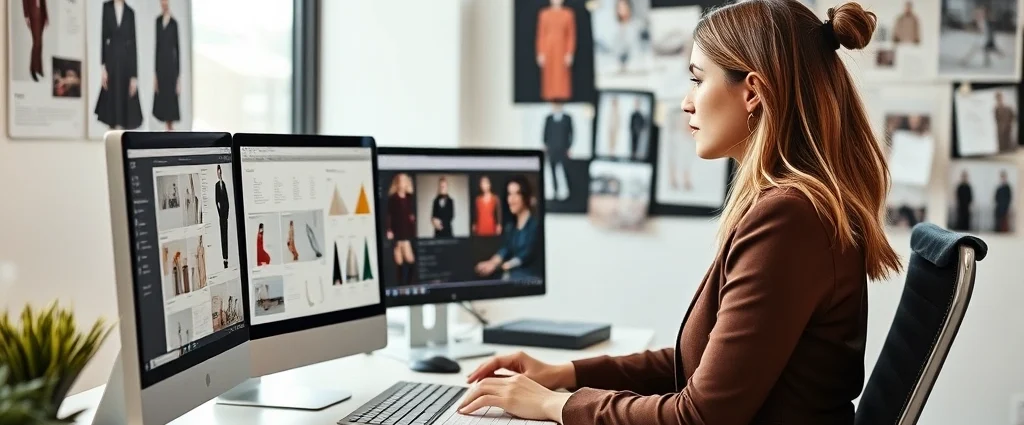Professional woman in modern office analyzing fashion marketing data on computer screens, wearing business casual attire, surrounded by mood boards and trend reports, natural window lighting, contemporary workspace