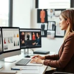 Professional woman in modern office analyzing fashion marketing data on computer screens, wearing business casual attire, surrounded by mood boards and trend reports, natural window lighting, contemporary workspace