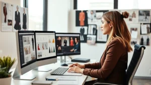 Professional woman in modern office analyzing fashion marketing data on computer screens, wearing business casual attire, surrounded by mood boards and trend reports, natural window lighting, contemporary workspace