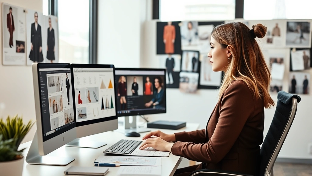 Professional woman in modern office analyzing fashion marketing data on computer screens, wearing business casual attire, surrounded by mood boards and trend reports, natural window lighting, contemporary workspace