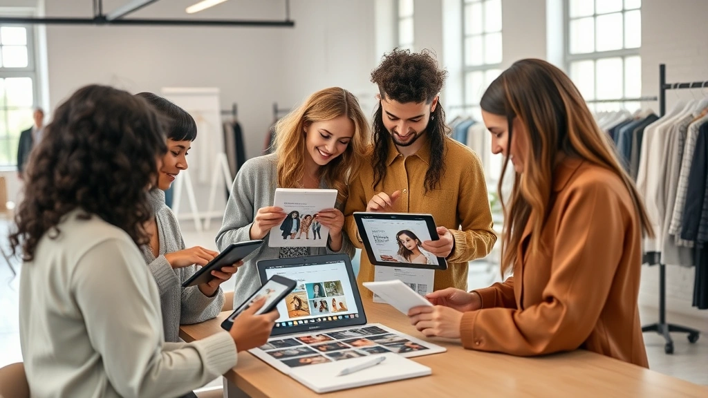 Diverse marketing team collaborating in fashion studio space, reviewing brand campaign materials and digital designs on tablets and displays, creative energy, natural daylight, modern aesthetic
