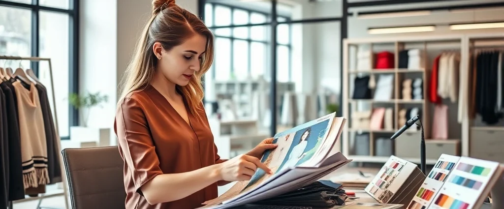 Professional female merchandiser analyzing fabric samples and trend boards at a modern retail office desk with mood boards and color swatches, natural window lighting, contemporary workspace