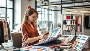 Professional female merchandiser analyzing fabric samples and trend boards at a modern retail office desk with mood boards and color swatches, natural window lighting, contemporary workspace