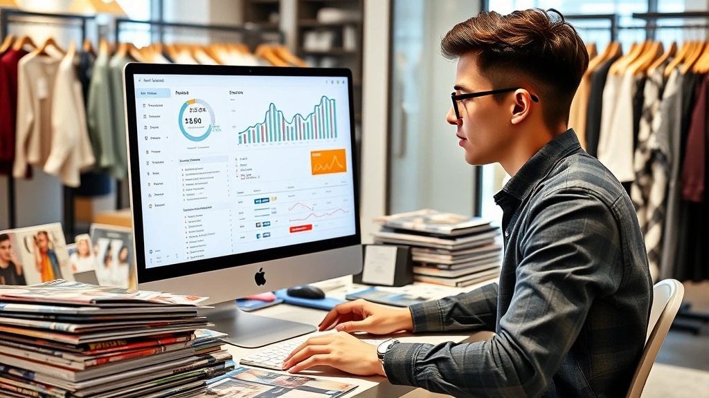 Young merchandiser reviewing analytics dashboard on computer monitor showing sales data and inventory metrics, surrounded by fashion magazines and trend forecasting materials, focused professional