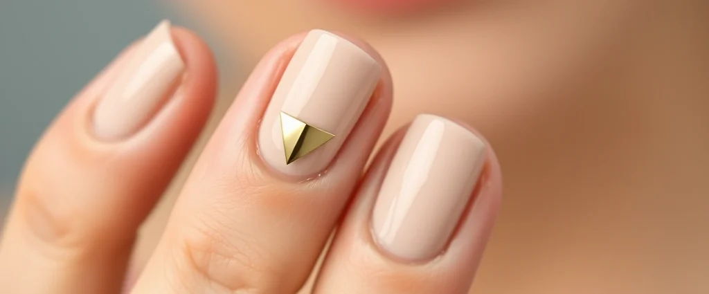 Close-up of elegant minimalist nail art featuring neutral beige base with single metallic gold geometric accent on middle finger, professional manicure on well-groomed hands, soft studio lighting, shallow depth of field, luxury aesthetic