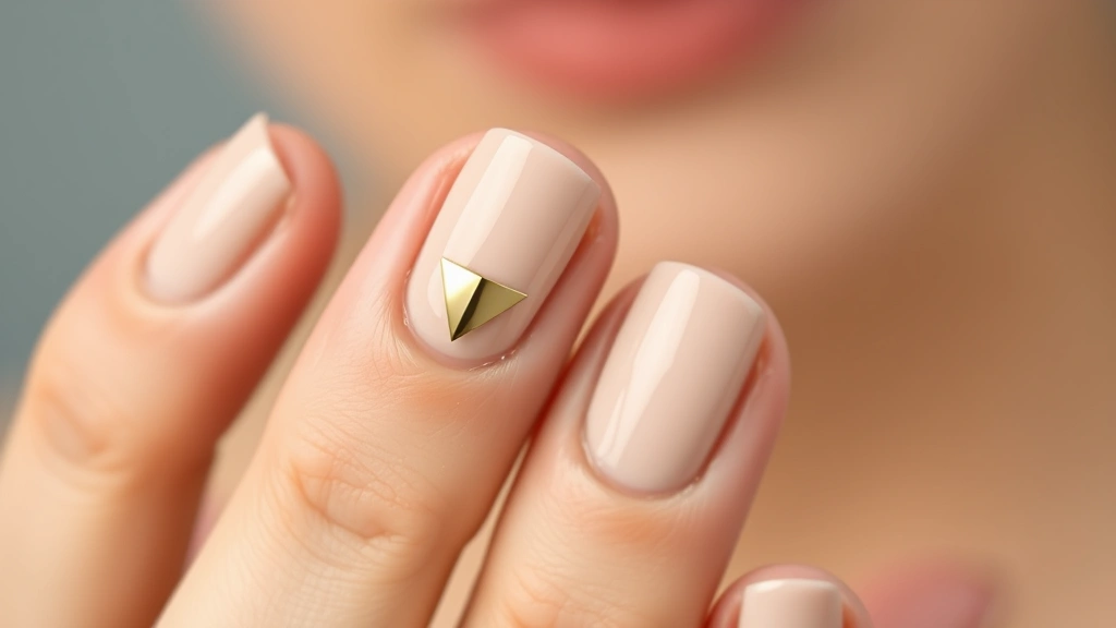 Close-up of elegant minimalist nail art featuring neutral beige base with single metallic gold geometric accent on middle finger, professional manicure on well-groomed hands, soft studio lighting, shallow depth of field, luxury aesthetic