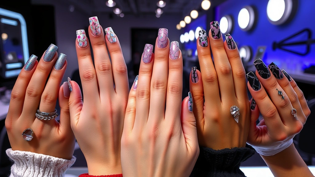 High-fashion nail art display showing multiple hands with different 2024 trend designs including holographic finishes, textured surfaces, and digital-inspired patterns, professional salon setting, dramatic lighting highlighting nail details, contemporary beauty photography
