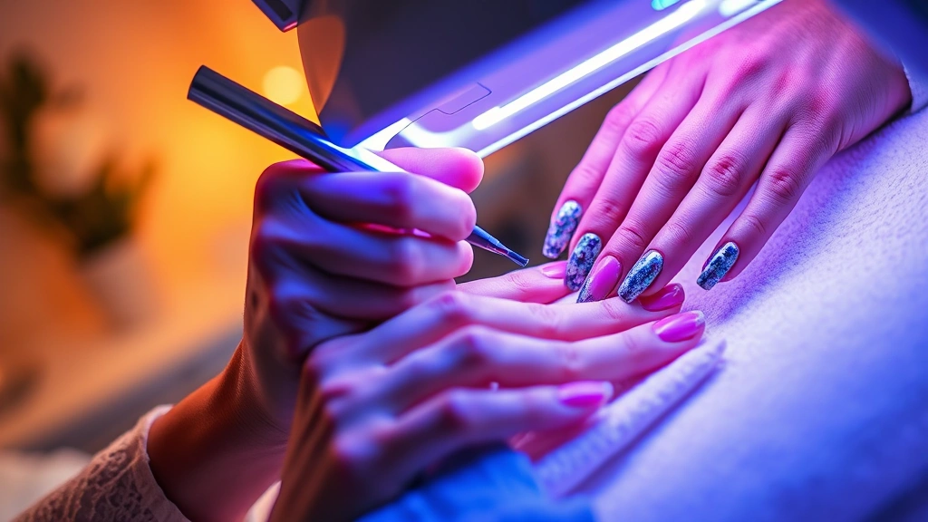 Spa professional applying advanced gel polish using LED technology, close-up of hands demonstrating textured nail application with dimensional elements, modern salon environment, warm professional lighting, showing technical skill and luxury service delivery