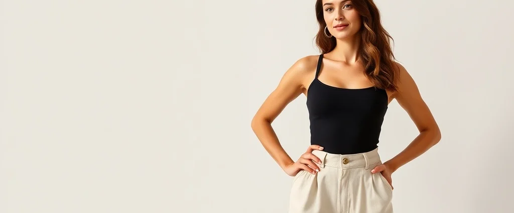 Woman wearing fitted black Fashion Nova bodysuit tucked into high-waisted cream linen trousers, standing confidently with hand on hip, neutral background, natural daylight, fashion photography style