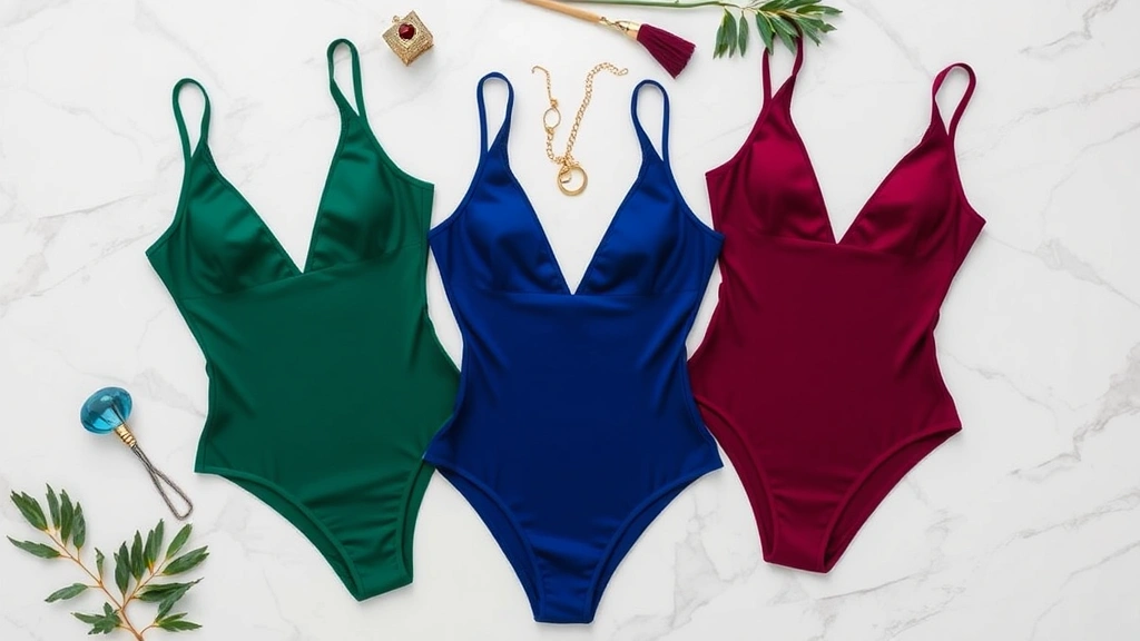 Overhead flat lay of three Fashion Nova bodysuits in jewel tones—emerald, sapphire, and burgundy—arranged artfully on white marble surface with minimal styling props, editorial fashion aesthetic