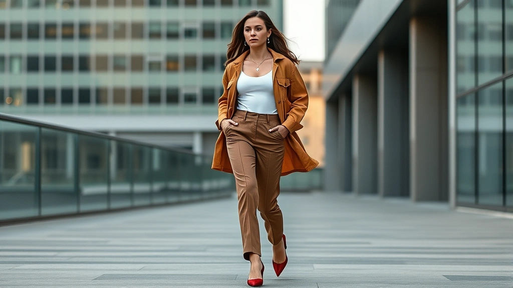 Young woman styled in sleeveless white Fashion Nova bodysuit layered under oversized caramel-colored linen shirt, paired with tailored trousers and pointed-toe heels, walking through modern urban setting with confident posture