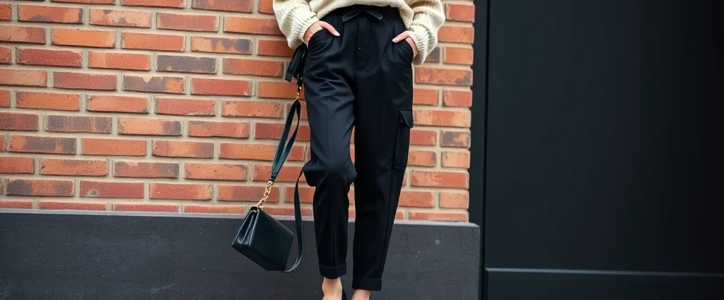 Woman wearing black high-waisted cargo pants with oversized cream sweater, pointed-toe flats, and structured leather handbag, standing against urban brick wall background, professional street style photography, natural daylight, confident pose, fashion editorial quality