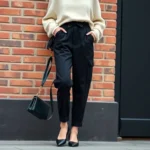 Woman wearing black high-waisted cargo pants with oversized cream sweater, pointed-toe flats, and structured leather handbag, standing against urban brick wall background, professional street style photography, natural daylight, confident pose, fashion editorial quality