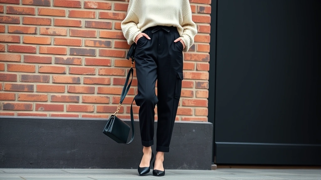 Woman wearing black high-waisted cargo pants with oversized cream sweater, pointed-toe flats, and structured leather handbag, standing against urban brick wall background, professional street style photography, natural daylight, confident pose, fashion editorial quality