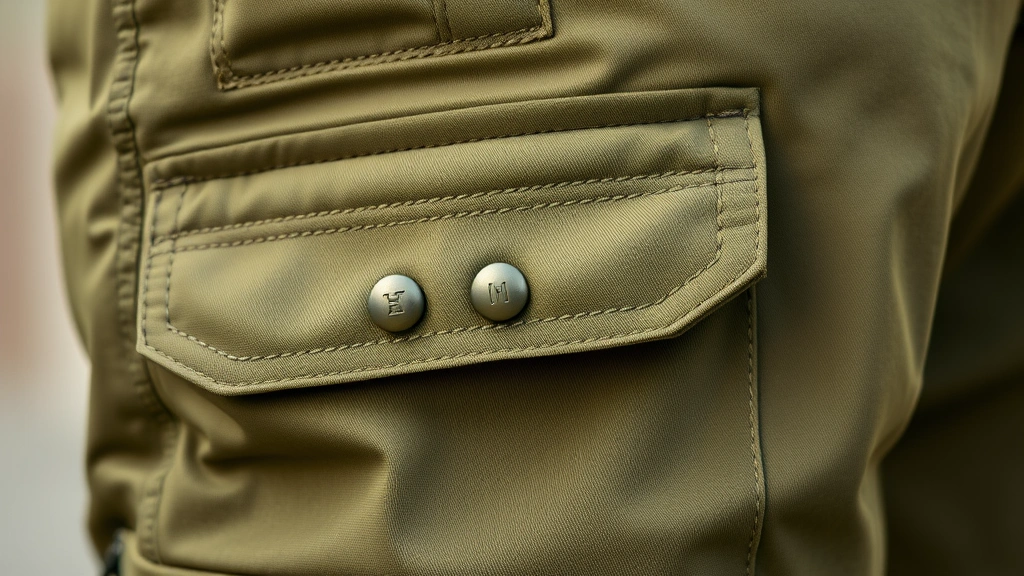 Close-up detail shot of cargo pants pocket construction, stitching quality, and fabric texture, showing olive green cotton-blend material with metal hardware and reinforced seams, professional product photography with soft natural lighting