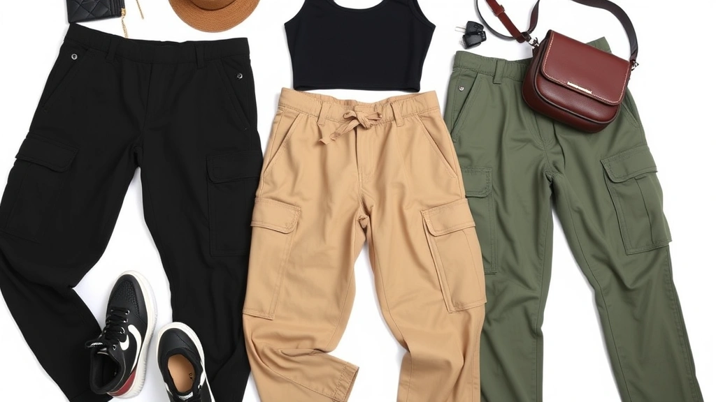 Fashion flat lay arrangement of three cargo pants styles in different colors (black, khaki, sage green) neatly folded and displayed with styling accessories including sneakers, crop top, and crossbody bag, overhead shot with white background, bright professional lighting
