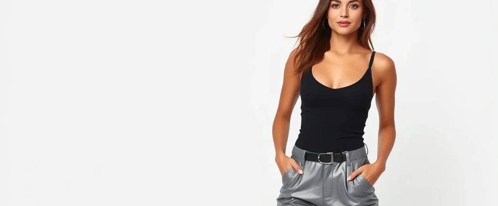 Woman wearing black fitted Fashion Nova bodysuit with silver metallic cargo pants, standing confidently against minimalist white background, professional studio lighting, fashion editorial style, photorealistic
