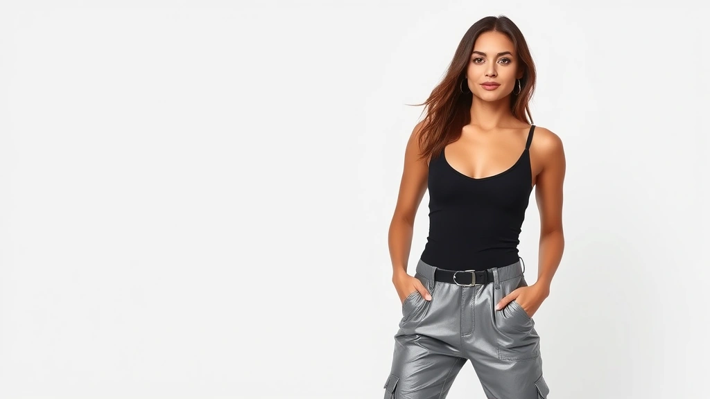 Woman wearing black fitted Fashion Nova bodysuit with silver metallic cargo pants, standing confidently against minimalist white background, professional studio lighting, fashion editorial style, photorealistic