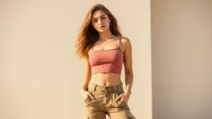 Young woman wearing Form-fitting Fashion Nova crop top and high-waisted cargo pants, posing confidently in natural daylight with neutral background, showcasing summer fashion style