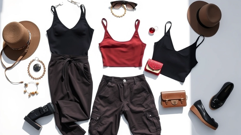 Flat lay fashion photography featuring Fashion Nova clothing items including bodysuits, cargo pants, and accessories arranged artfully on white surface with natural shadows