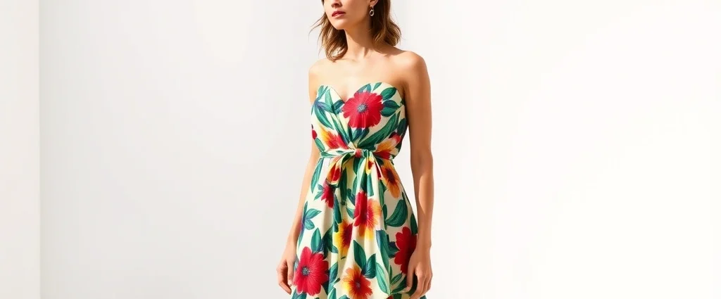 Woman confidently wearing bold printed Fashion Nova dress in vibrant summer colors, standing against minimalist white background, natural lighting emphasizing fabric texture and silhouette