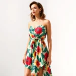 Woman confidently wearing bold printed Fashion Nova dress in vibrant summer colors, standing against minimalist white background, natural lighting emphasizing fabric texture and silhouette