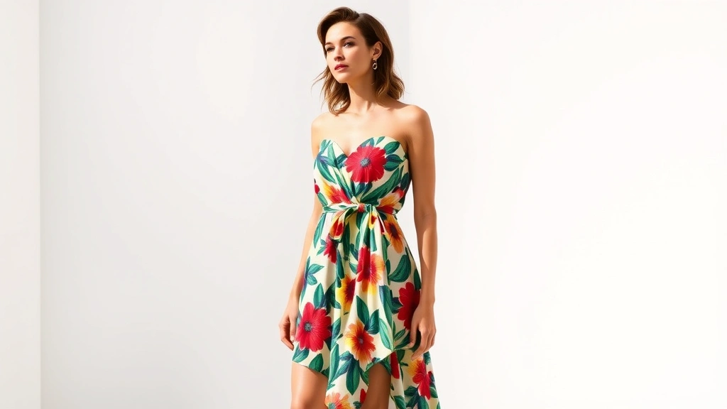 Woman confidently wearing bold printed Fashion Nova dress in vibrant summer colors, standing against minimalist white background, natural lighting emphasizing fabric texture and silhouette