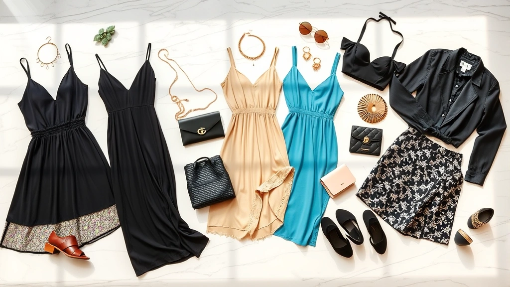 Flat lay of multiple trendy Fashion Nova clothing items including dresses, tops, and accessories arranged artfully on marble surface with soft shadows, fashion editorial style