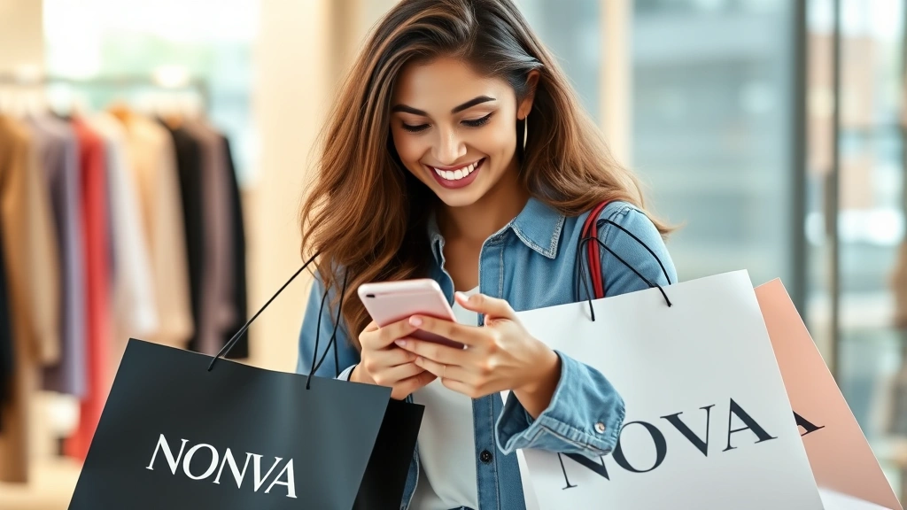 Young woman checking smartphone while shopping, holding Fashion Nova shopping bag, smiling expression, natural indoor lighting, lifestyle fashion photography